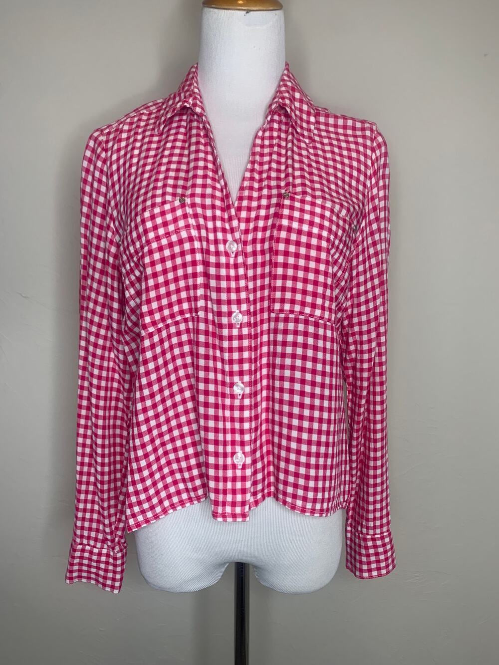 Jones NY Pink Gingham Cropped Shirt Sz Medium Western Preppy